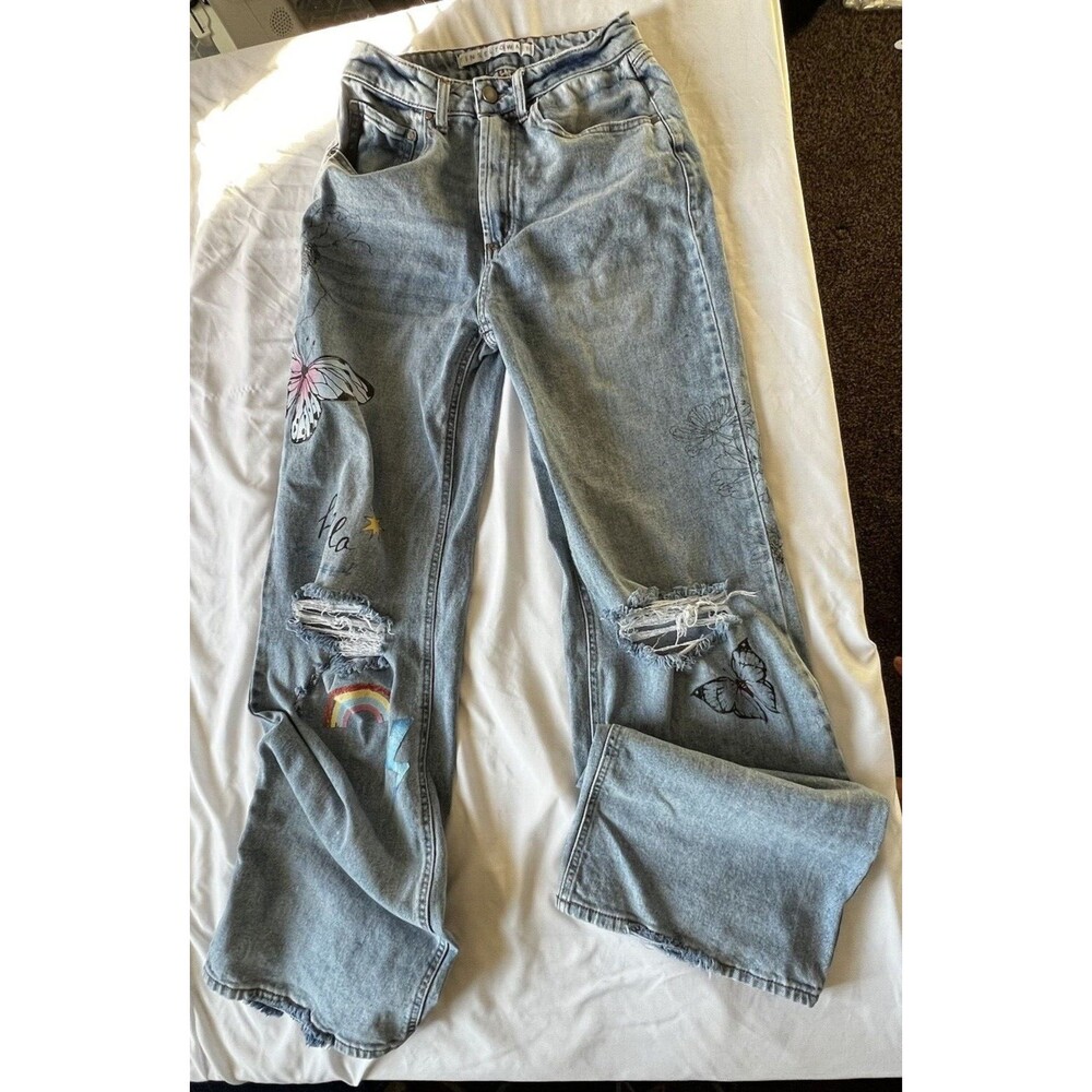 TINSELTOWN High Rise Wide Leg Distressed Butterfly Print Blue Jeans   9